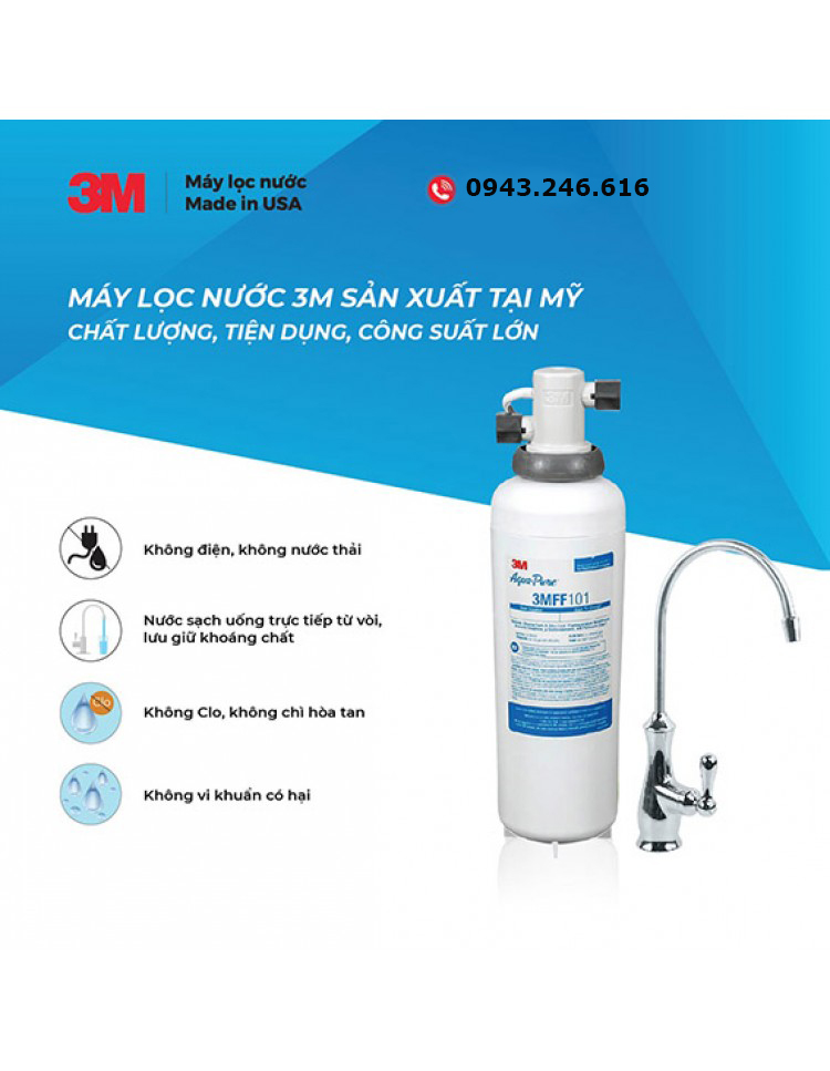 Máy lọc nước 3M FF100 kèm vòi - Hàng nhập khẩu chính hãng Mỹ - Công suất cao, không điện