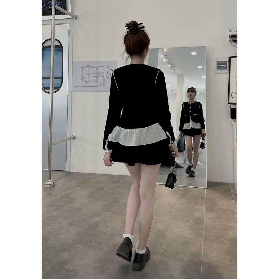 Sét áo viền tay dài cài nút phối bèo voan kèm chân váy xoè