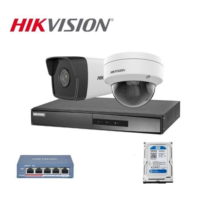 Trọn bộ 2 camera IP bán cầu và thân trụ Hikvision. Đầu ghi hình 4 kênh DS-7104NI-Q1/M.xem lại lịch sử 20 ngày, chuẩn HD - Hàng Chính Hãng