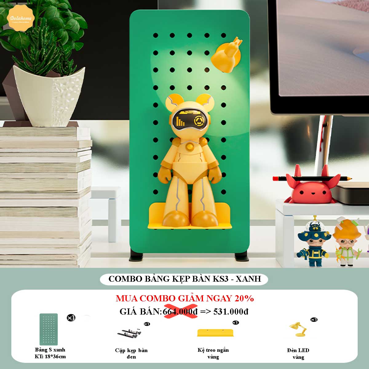 Bảng lỗ Pegboard Dola Home cao cấp kẹp bàn tiết kiệm diện tích không khoan tường để bàn phím, tai nghe, đồ dùng làm việc