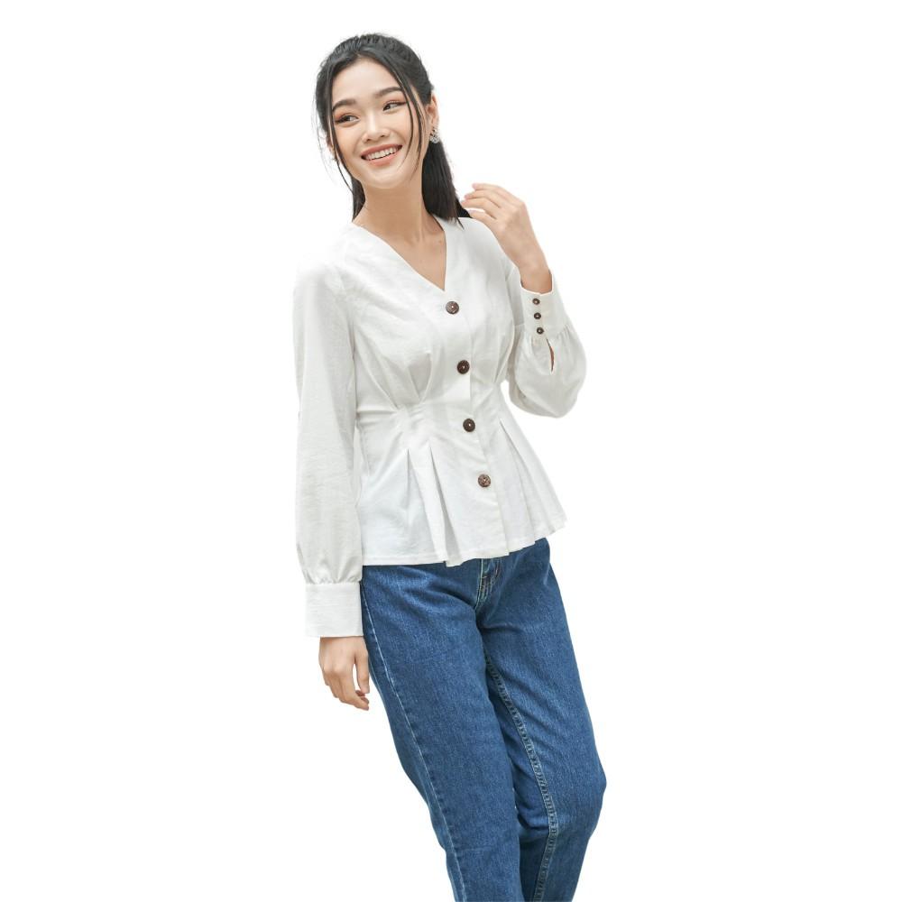 Áo sơ mi xếp ly eo tay bồng, măng sét to
