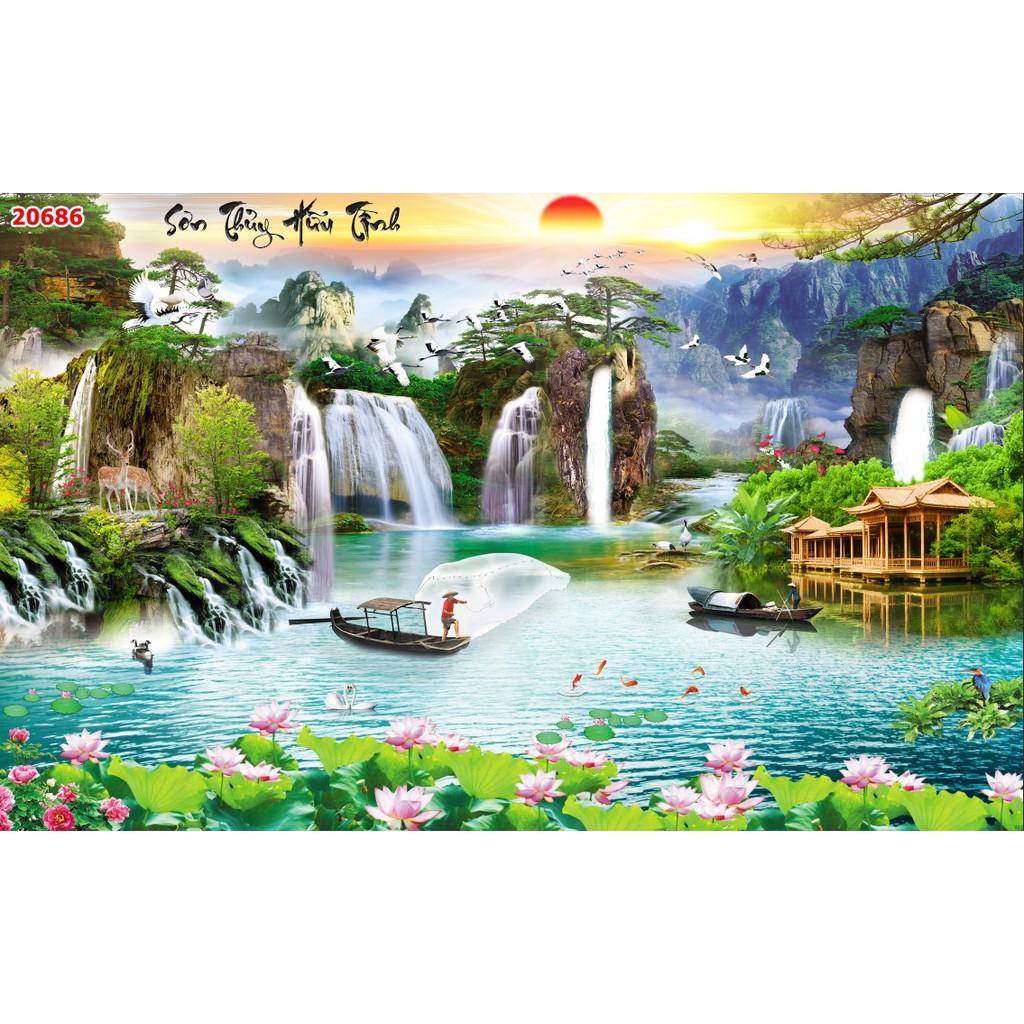 Tranh dán tường 3d sơn thủy hữu tình trang trí nhà cửa phòng khách giá rẻ đẹp chất liệu decal pp keo sẵn bóc dán atk32