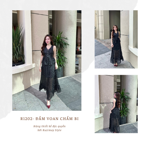 Đầm Maxi Ruzimay Chấm Bi Voan Áo Váy Rời Dáng Dài R1200