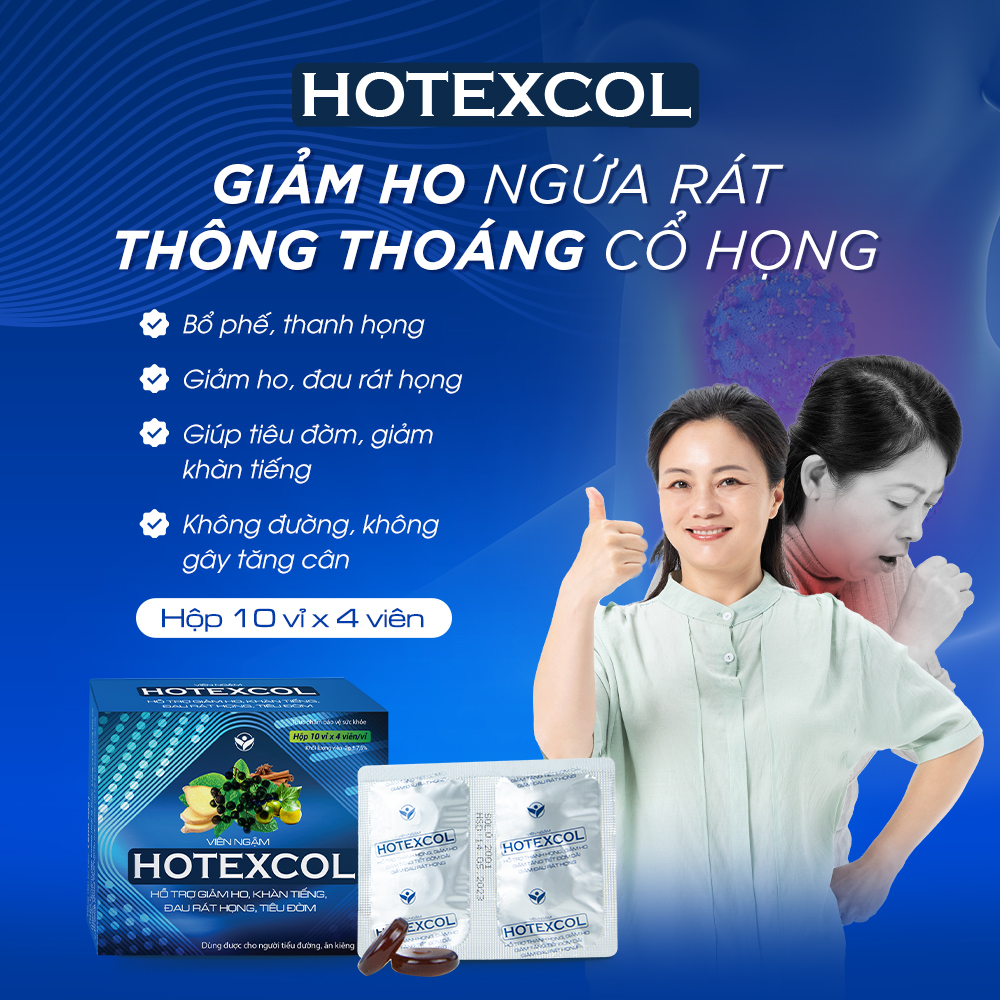 Viên Ngậm Hotexcol Hỗ Trợ Thanh Họng, Giảm Ho, Giảm Đau Rát Họng Hộp 4 Vỉ x 4 Viên