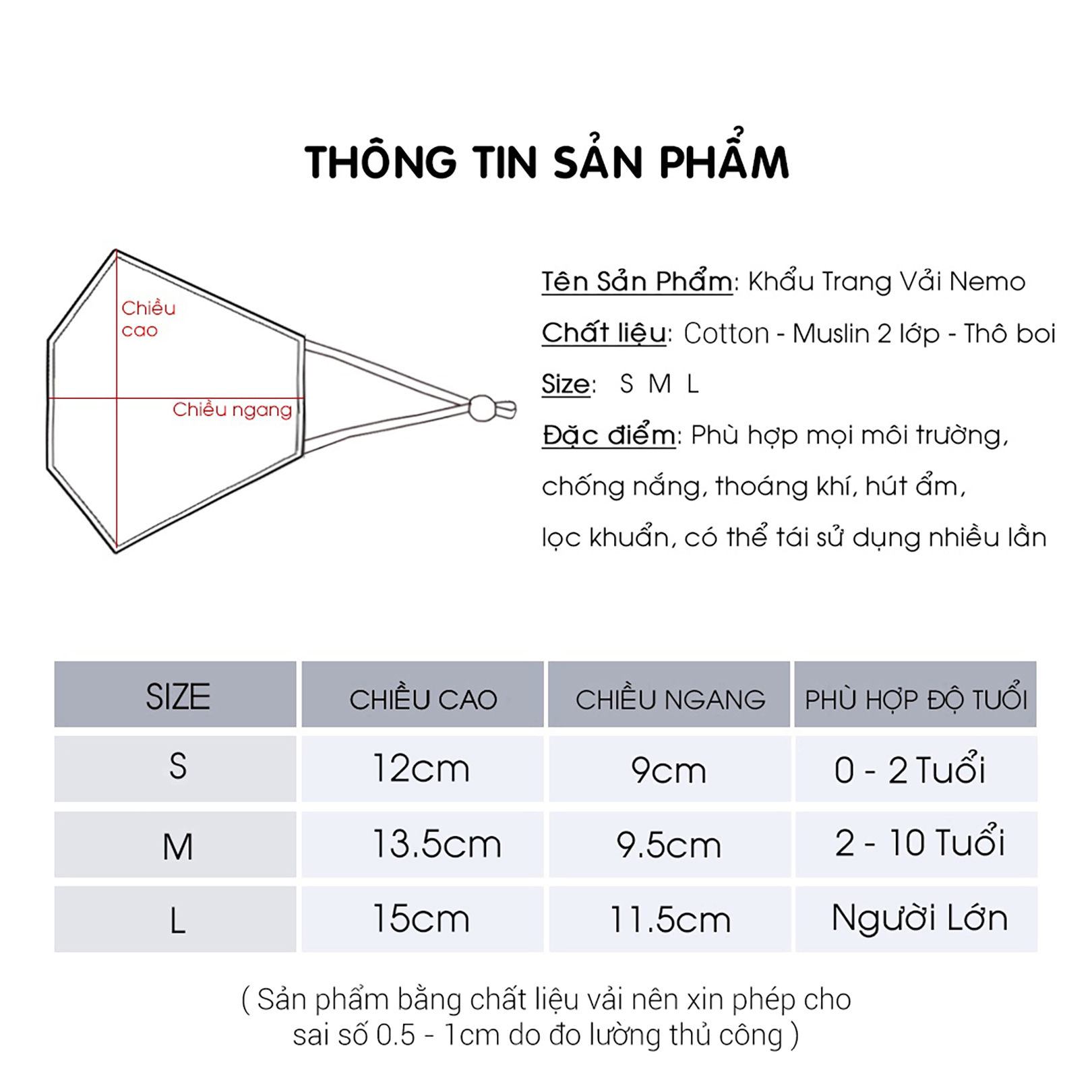 Khẩu Trang Vải 4D NEMO, Chống Nắng, Lọc Khuẩn, Thoáng Khí Không Gây Mụn, Nam Nữ đều sử dụng được - KTDS