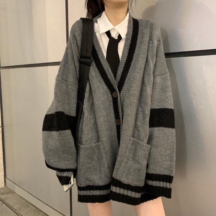 MS286 Áo khoác len cardigan phối màu dáng rộng 2 túi