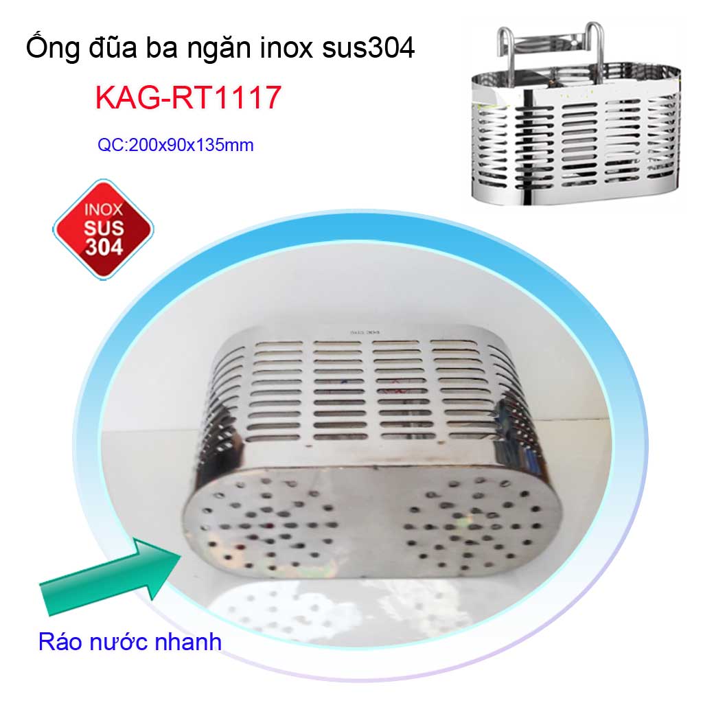 Ống  đựng đũa Inox 304, ống đũa nhà bếp 3 ngăn, ống đũa cao cấp nam dẹt KAG-304RT1117 inox bóng sang trọng