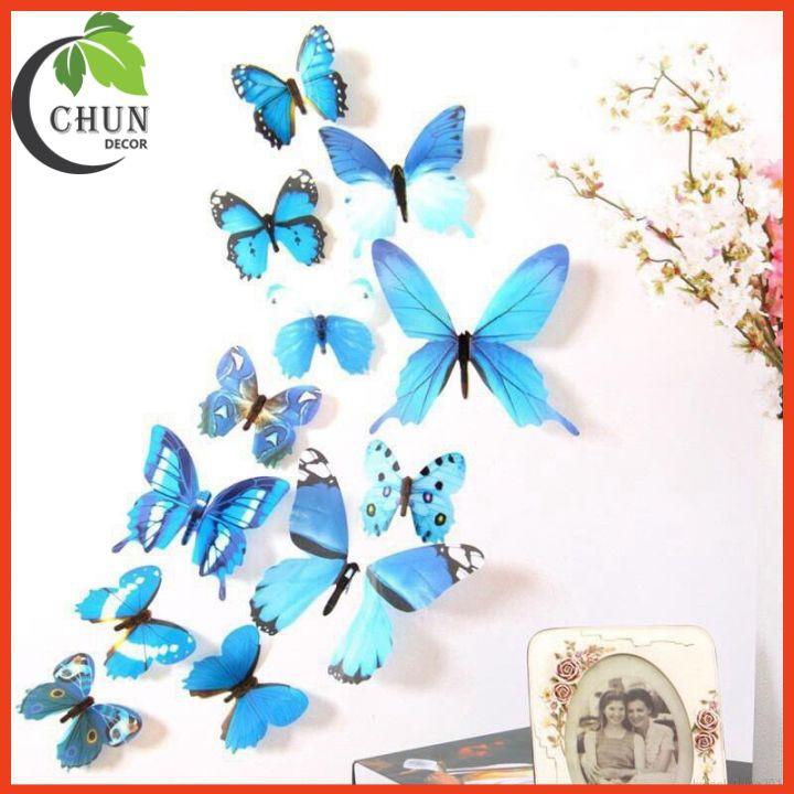 Combo 12 decal dán tường hình bướm 3D trang trí cửa kính, tủ quàn áo, giỏ hoa, ảnh treo tường