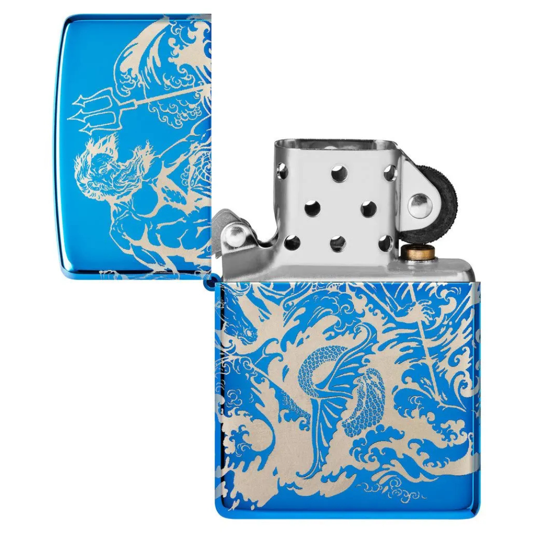 Bật lửa Zippo Atlantis Design - Thiết Kế Thần Biển Poseidon In Tràn Viền 360 Độ, Vỏ High Polish Blue Chính Hãng Mỹ