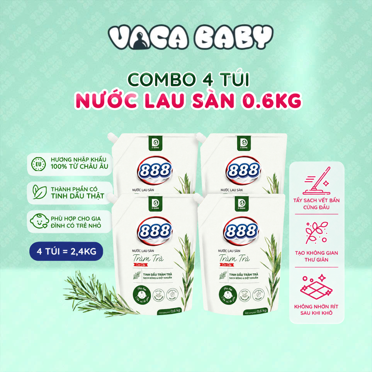 Combo 4 Túi Nước Lau Sàn 888 Tinh dầu Tràm Trà Sạch Khuẩn Và Lành Tính 0.6kg/túi