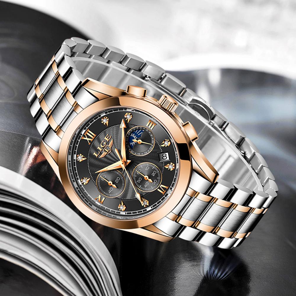 Đồng hồ nam thạch anh LIGE tinh tế hiển thị thời gian và lịch Chronograph Con trỏ dạ quang 30M Chống thấm nước - Bạc & Xanh lam - Dây da