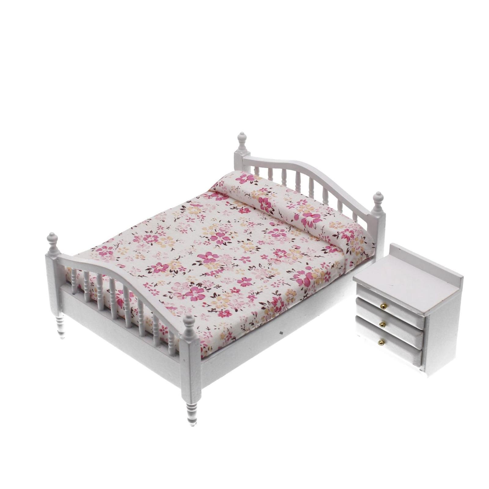 1:12 Scale Miniature Dollhouse Bed with Bed Cabinet Dollhouse Decoration