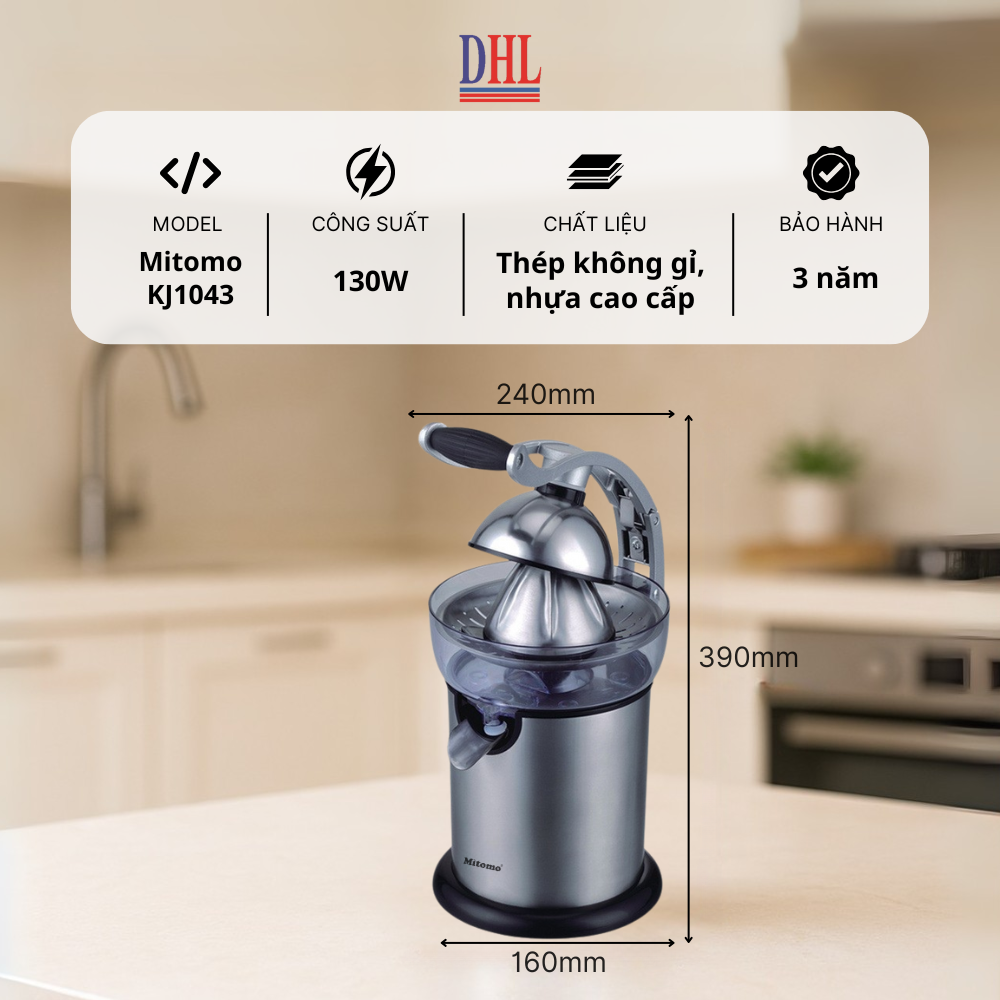 Máy Vắt Cam Tự Động Mitomo KJ1043 Đời Mới – Vận Hành Siêu Êm, An Toàn, Dễ Vệ Sinh Bảo Hành 3 Năm hàng chính hãng