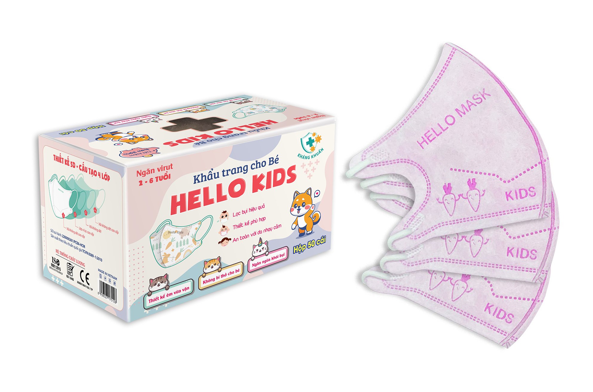 [BẢO VỆ SỨC KHOẺ CHO BÉ] Khẩu Trang Cao Cấp Hello Mask Kids 3D Hộp 50 Cái Nhiều Hoạ Tiết Đáng Yêu Cho Bé Kháng Khuẩn, Lọc Bụi Mịn Hiệu Quả