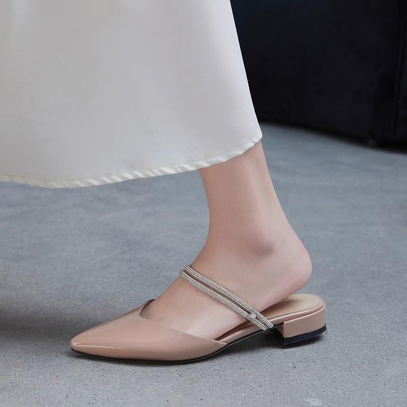 Giày cao gót thời trang mũi nhọn phối dây hở gót cao 2cm màu kem hồng size lớn 40 41 42 43 44