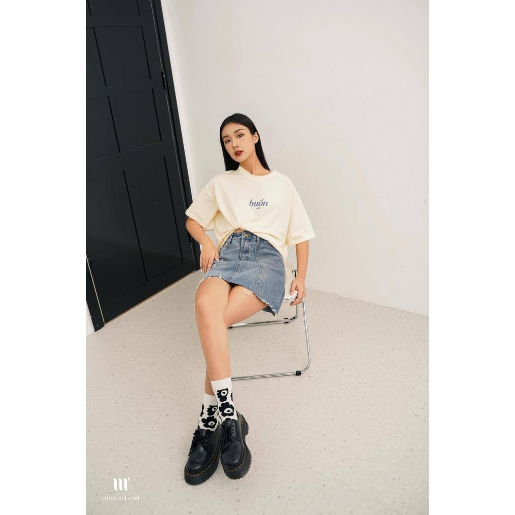 Áo thun tay lỡ Méo shop cổ tròn cotton in chữ Buồn Cười freesize form rộng