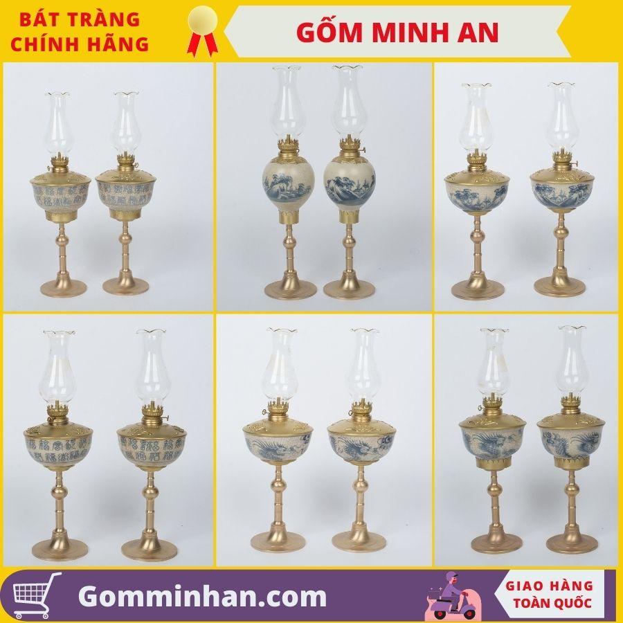 Đèn dầu thờ gốm sứ men rạn giả cổ bọc đồng dáng cao gốm Minh An Bát Tràng nhiều mẫu