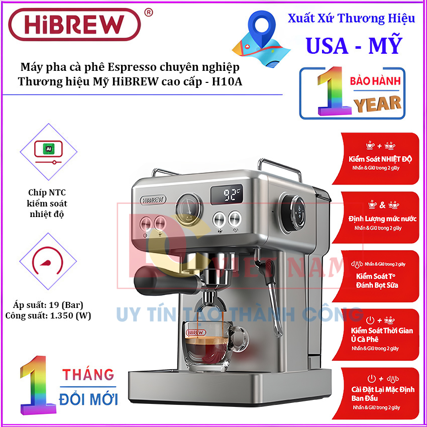 Máy pha cà phê Espresso chuyên nghiệp, thương hiệu Mỹ HiBREW cao cấp - H10A - HÀNG CHÍNH HÃNG