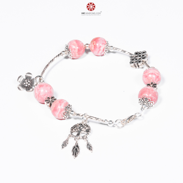 Lắc Tay Đá Đào Hoa phối charm Dream Catcher - Hợp mệnh Hỏa, Thổ, giúp trợ duyên, chiêu tài | VietGemstones