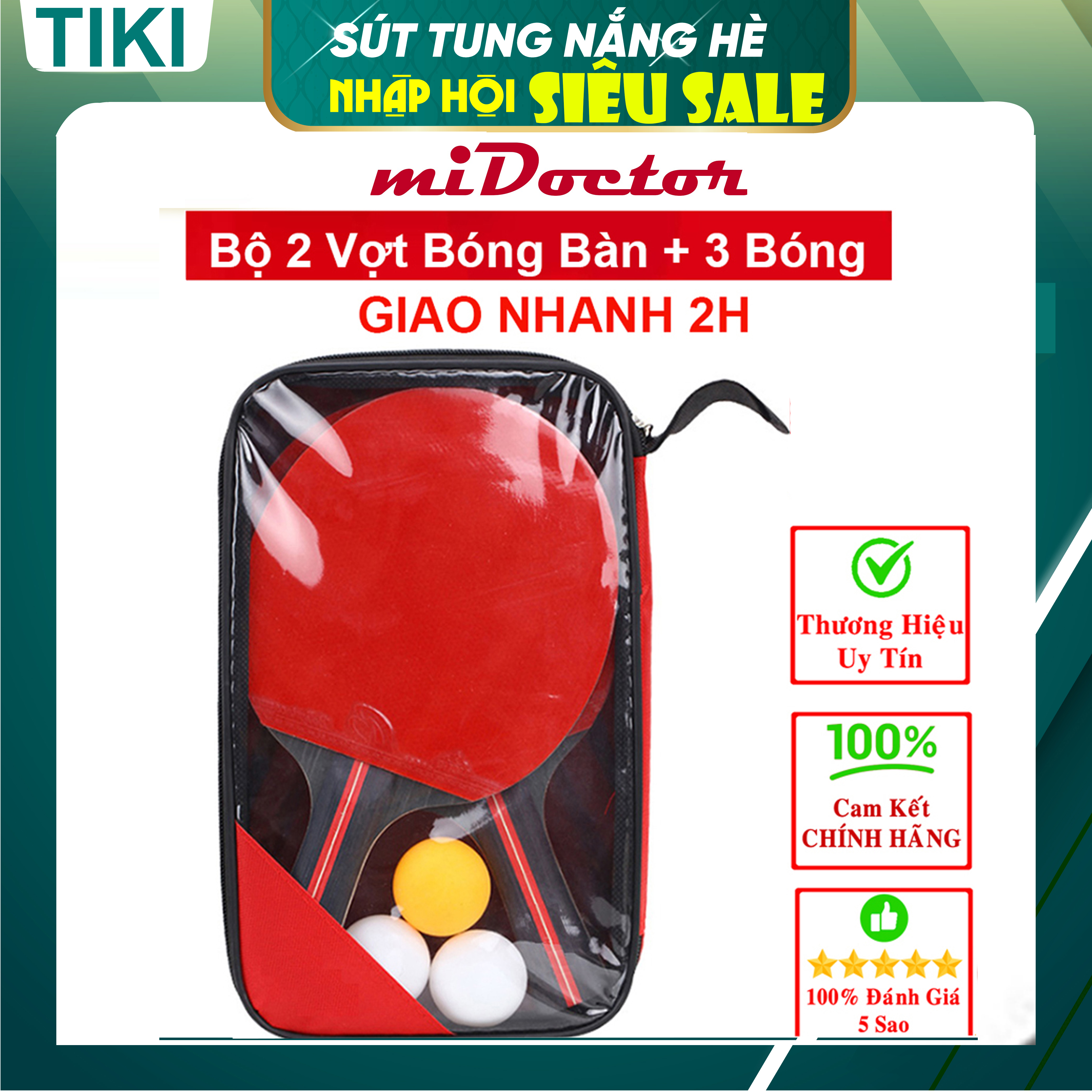 Bộ 2 Vợt Bóng Bàn Chính Hãng miDoctor + Túi Đựng Vợt Bóng Bàn + 3 Bóng 