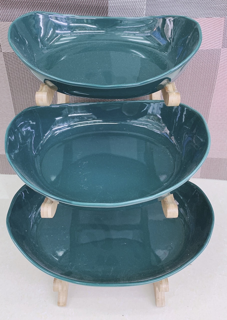 KHAY SỨ ĐỰNG BÁNH KẸO HOA QUẢ 3 TẦNG, CÓ GIÁ ĐỠ BẰNG GỖ  CAMELIA - ANTH290