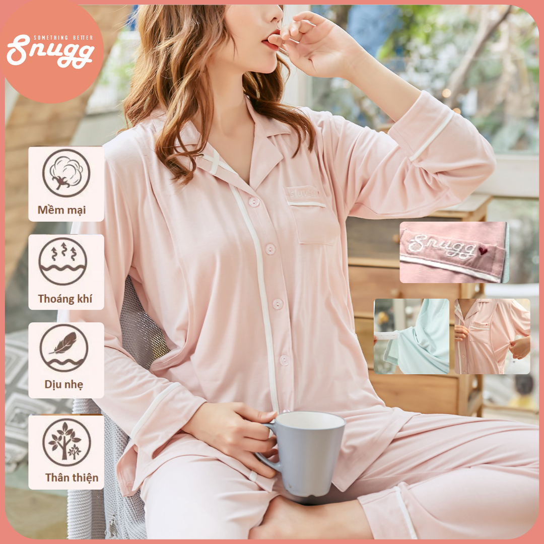 Bộ mặc nhà và sau sinh modal dáng Pyjamas xanh và hồng Snugg