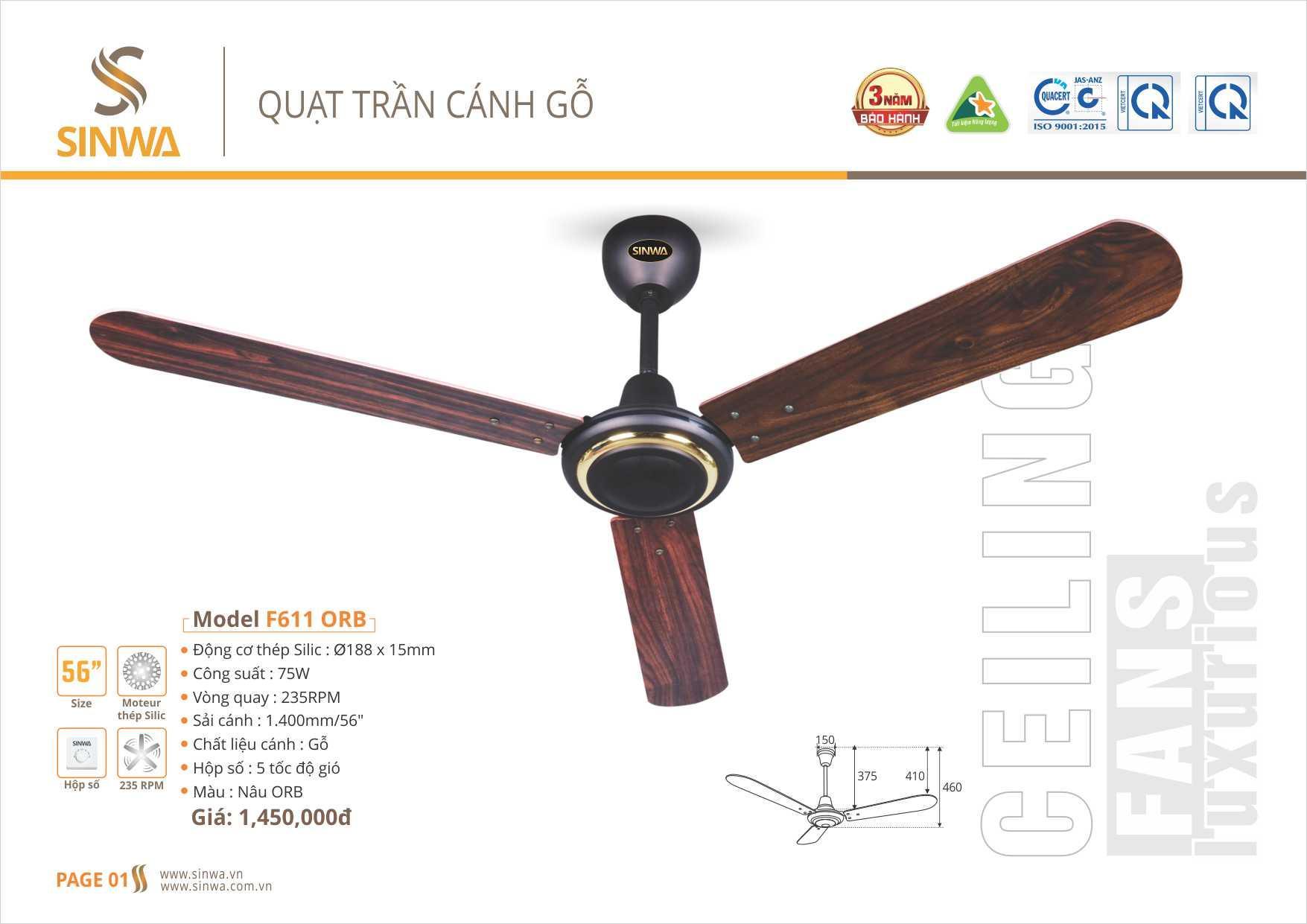 QUẠT TRẦN CÁNH GỖ SINWA F611 ORB (Hàng chính hãng)