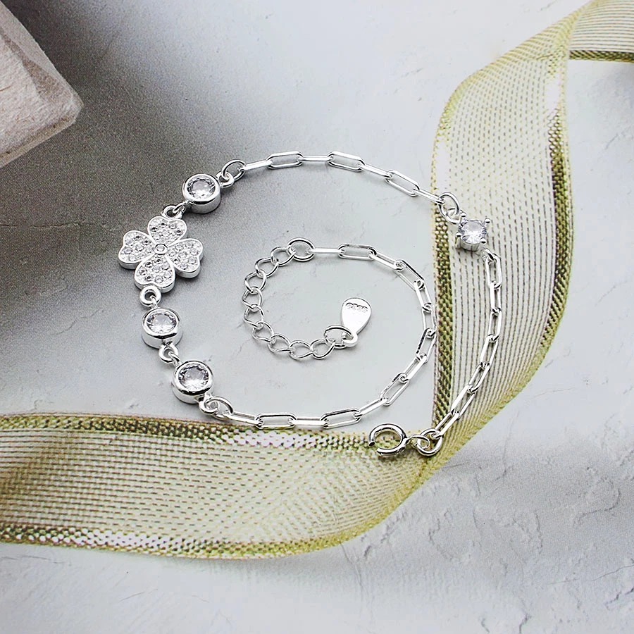 Vòng tay, lắc tay nữ cỏ 4 lá bạc chuẩn 925 may mắn lucky BẠC HIỂU MINH LTU539