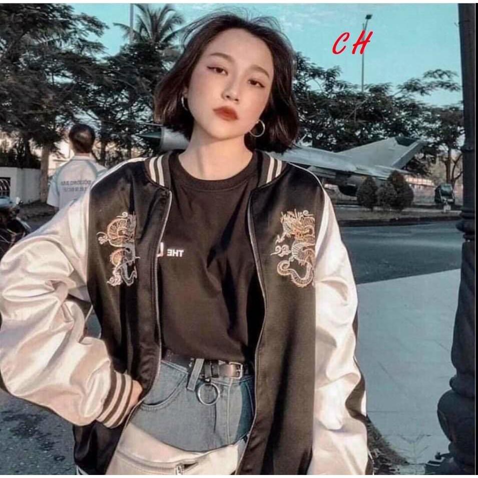 Áo gió bomber, áo khoác nhẹ nữ rồng thêu phối rồng tay cá tính