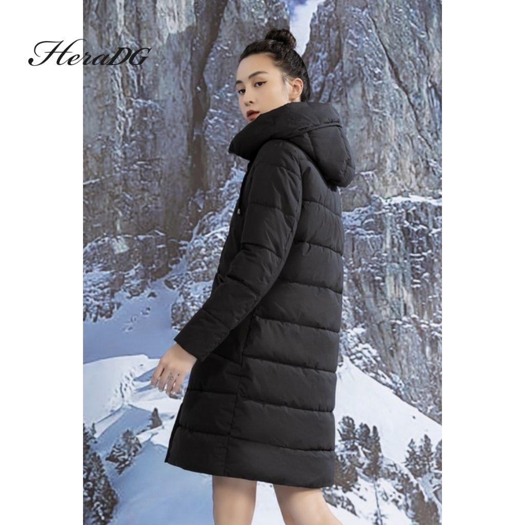 Áo Khoác Phao Nữ Dáng Dài HeraDG Túi Chéo Chần Chéo Kèm Mũ Sang Trọng, Vải Gió Chống Nước Chống Bám Bụi WJKBA17