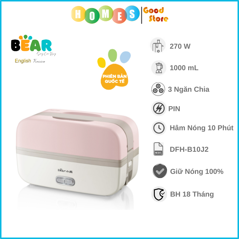 Hộp Cơm Điện Giữ Nhiệt, Hộp Cơm Điện Văn Phòng BEAR DFH-B10J2, Dung Tích 1 Lít Công Suất 270 W - Hàng Chính Hãng