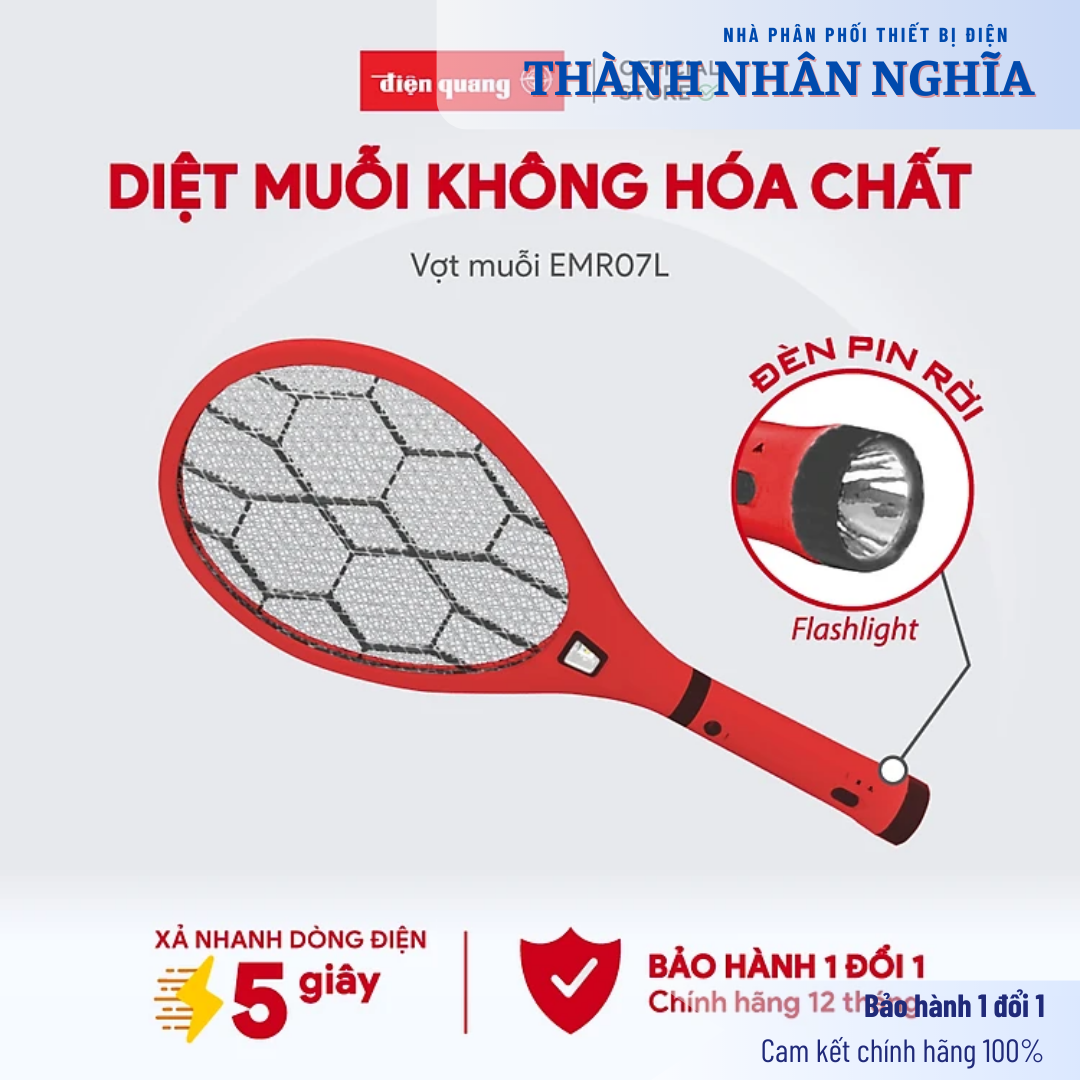 Bộ vợt muỗi đa năng Điện Quang ĐQ EMR07L RBL (Đỏ - Đen) Xả nhanh dòng điện 5 giây, gọn nhẹ