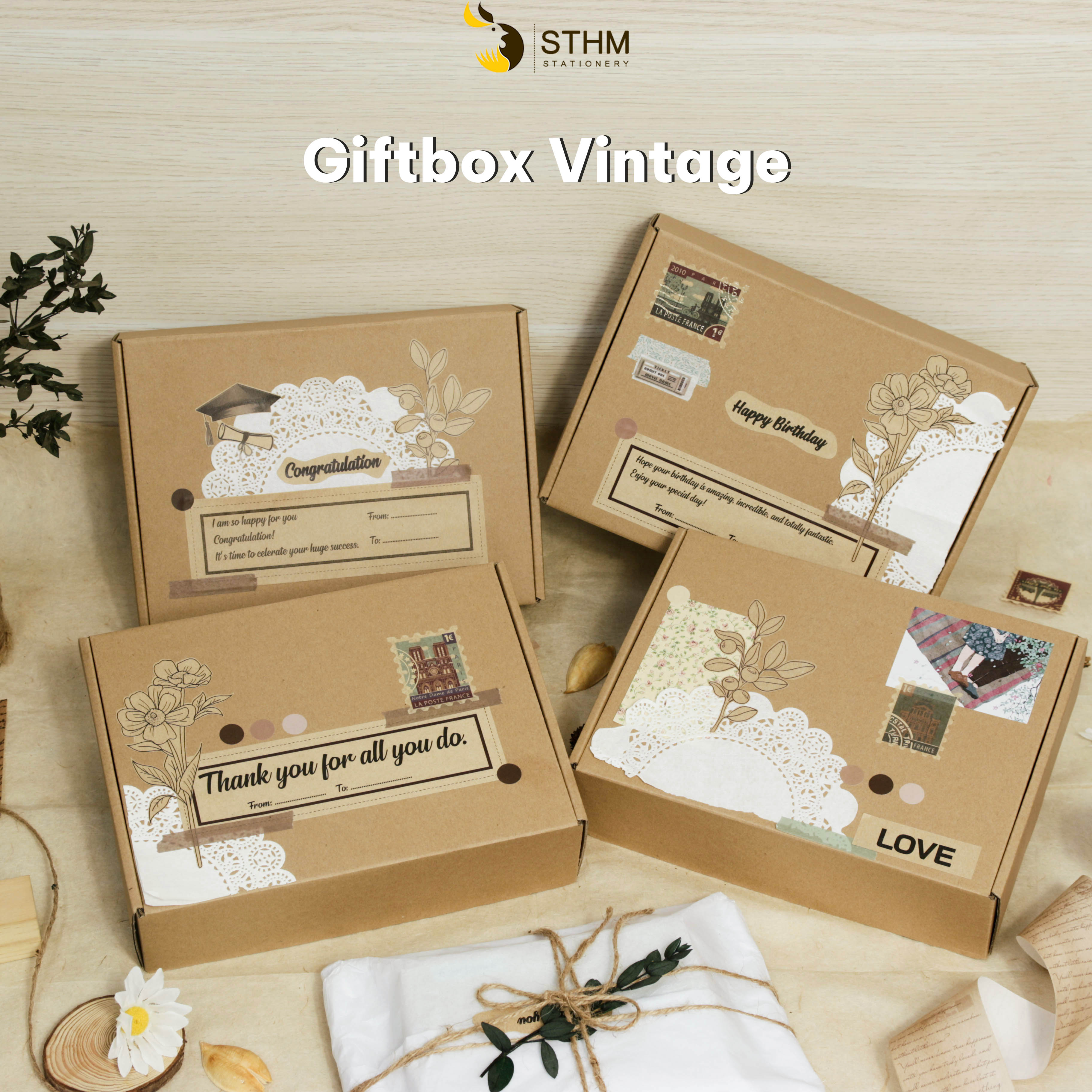 - Hộp quà Handmade Vintage - Chỉ bao gồm hộp và giấy gói bên trong