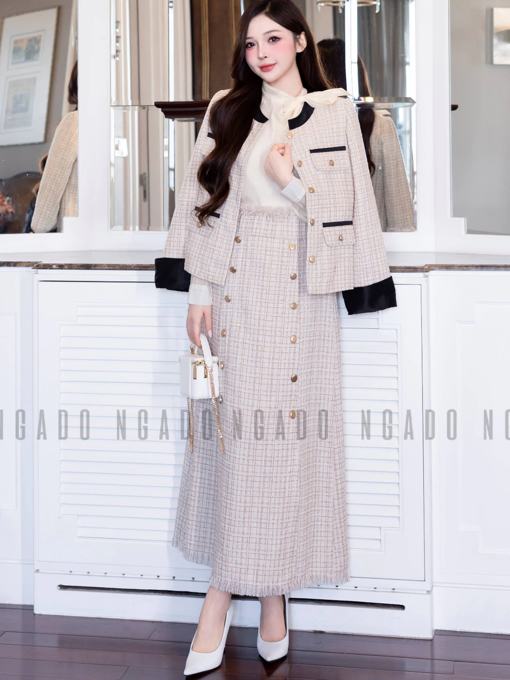 Set áo váy tweed kem NGADO , set áo kèm chân váy dáng dài