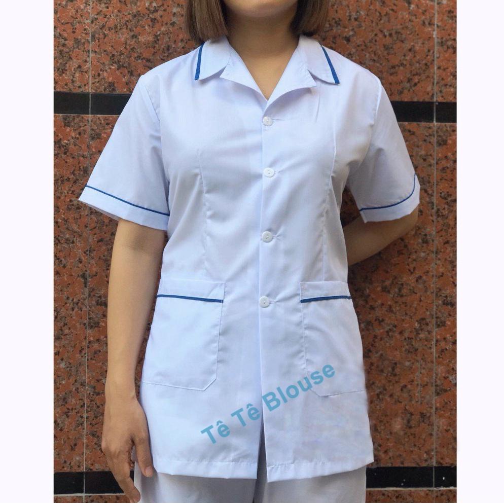Bộ blouse trắng viền xanh điều dưỡng, dược sỹ, y tá nam nữ cộc tay hàng đẹp - có bán lẻ Áo, quần riêng