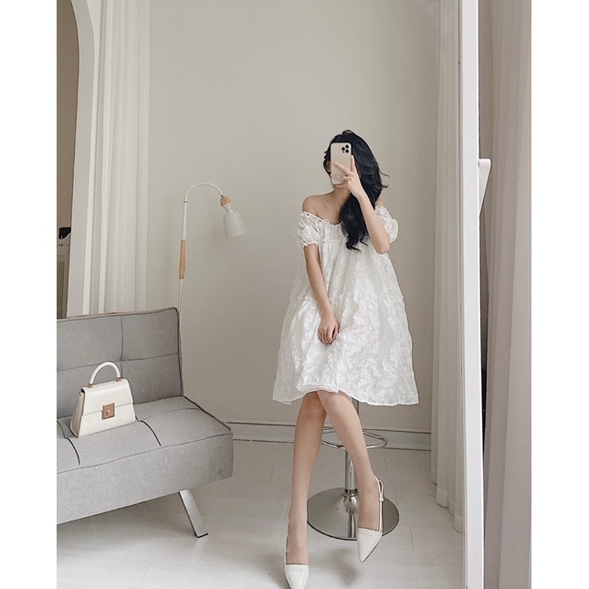 Đầm babydoll 2 dây rớt vai hoa nổi tay bồng Cao Cấp hàng loại 1, màu trắng Ulzzang ren mây dáng xòe, cute dễ thương