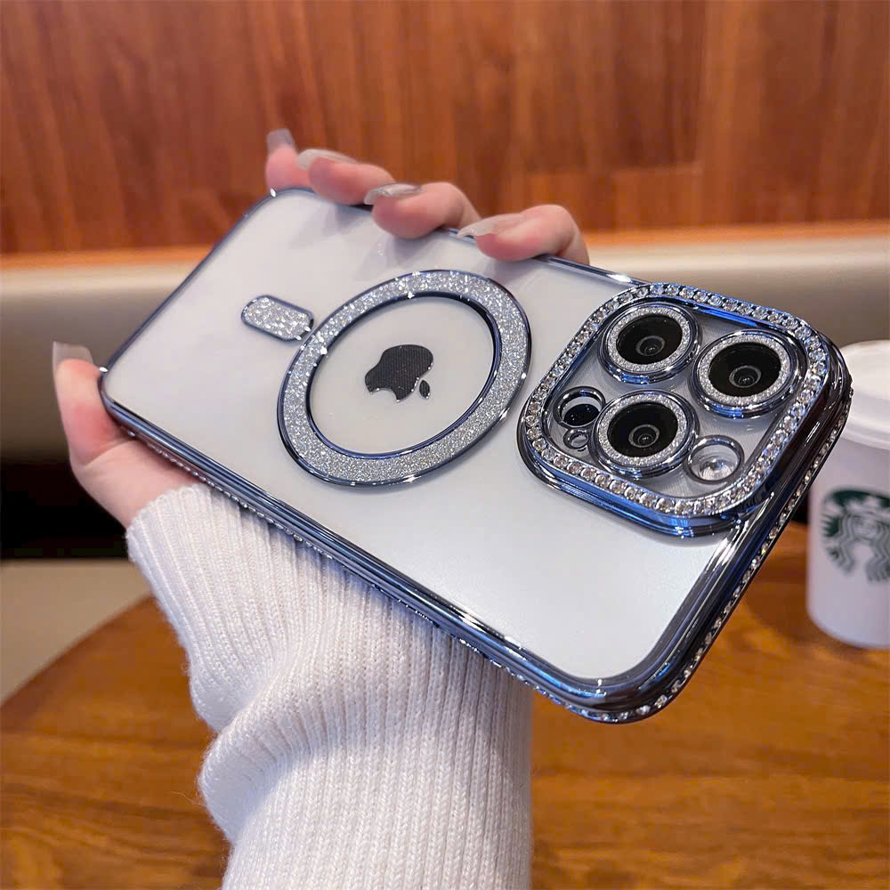 Ốp hỗ trợ sạc từ tính kim tuyến đính đá bảo vệ camera dành cho ip 16pro - Hàng nhập khẩu