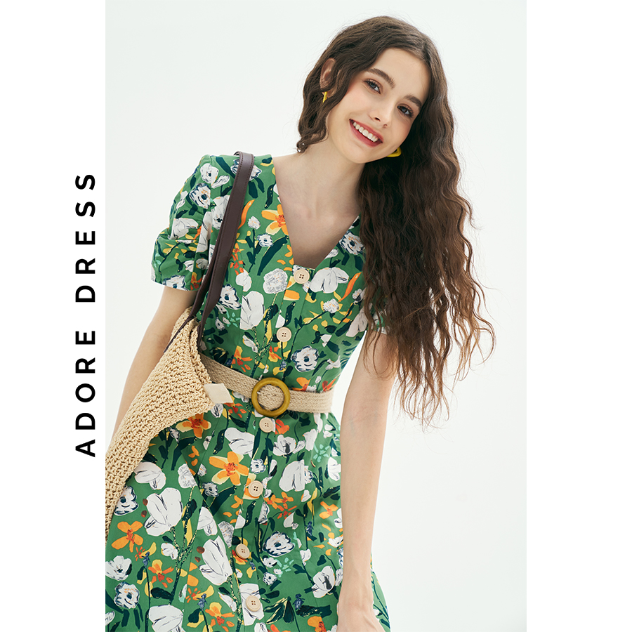 Đầm Mini dresses casual style thô lụa hoa to green 311DR1030  ADORE DRESS