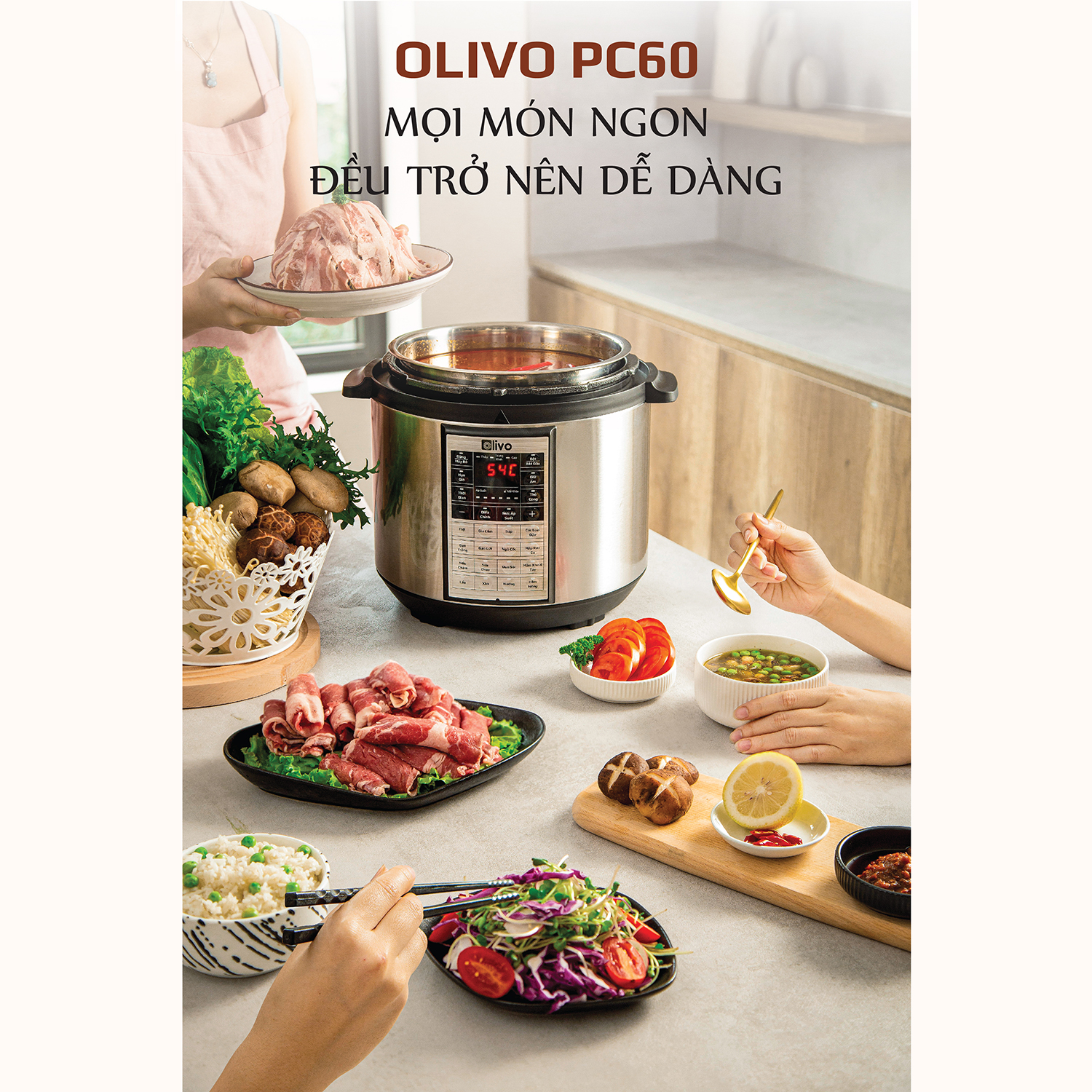 Nồi áp suất điện Olivo PC60 - 16 chức năng - 6 lít - 1.000W - BH 2 năm