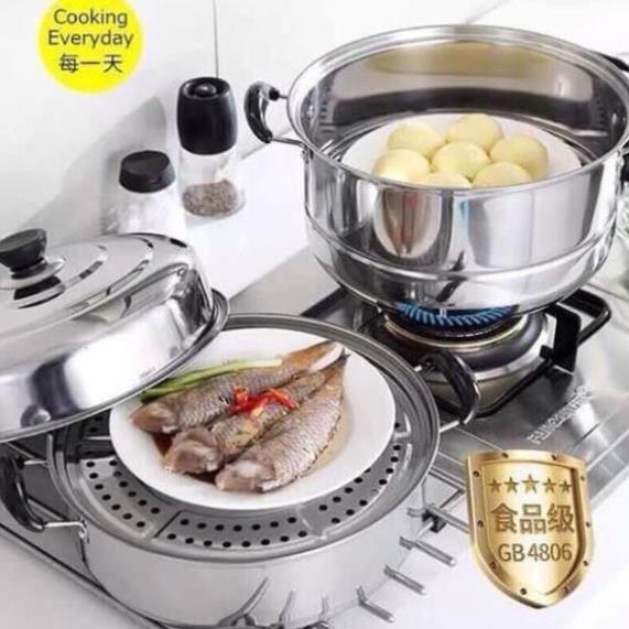 Nồi Hấp Bánh Bao, Cơm, Xôi, Bánh Flan Inox 3 Tầng Dùng Được Bếp Từ