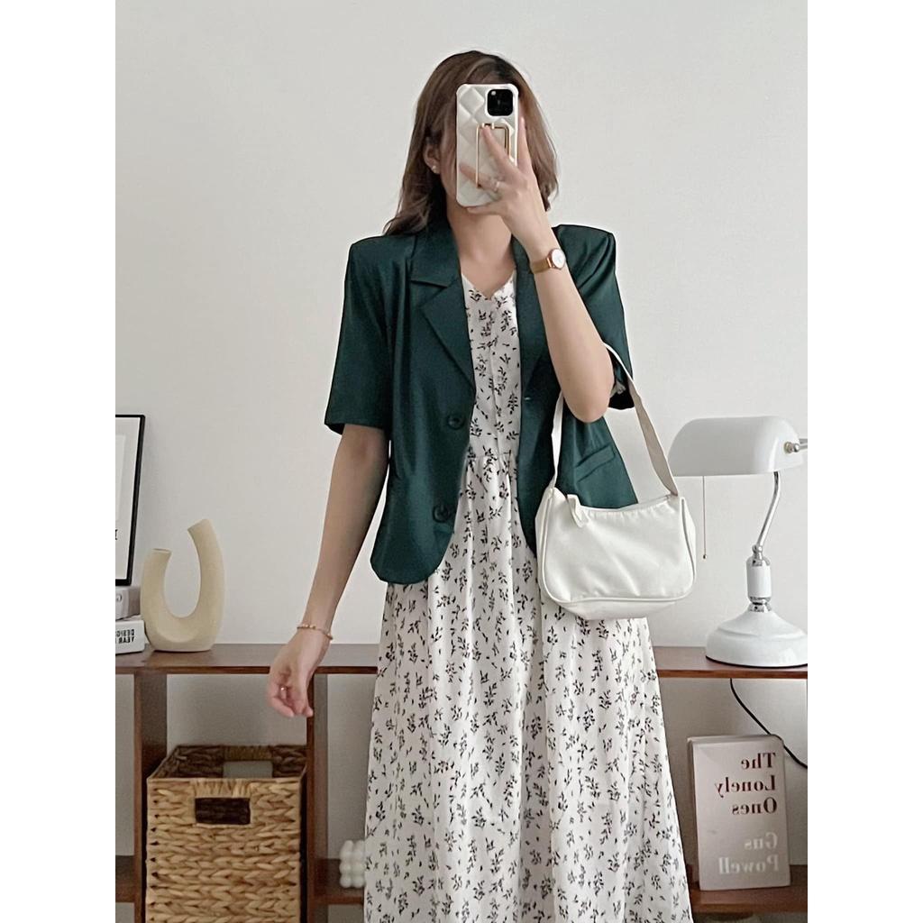 Áo vest trơn dáng lửng 1 lớp Blazer cộc tay có đệm vai croptop Junnie Closet