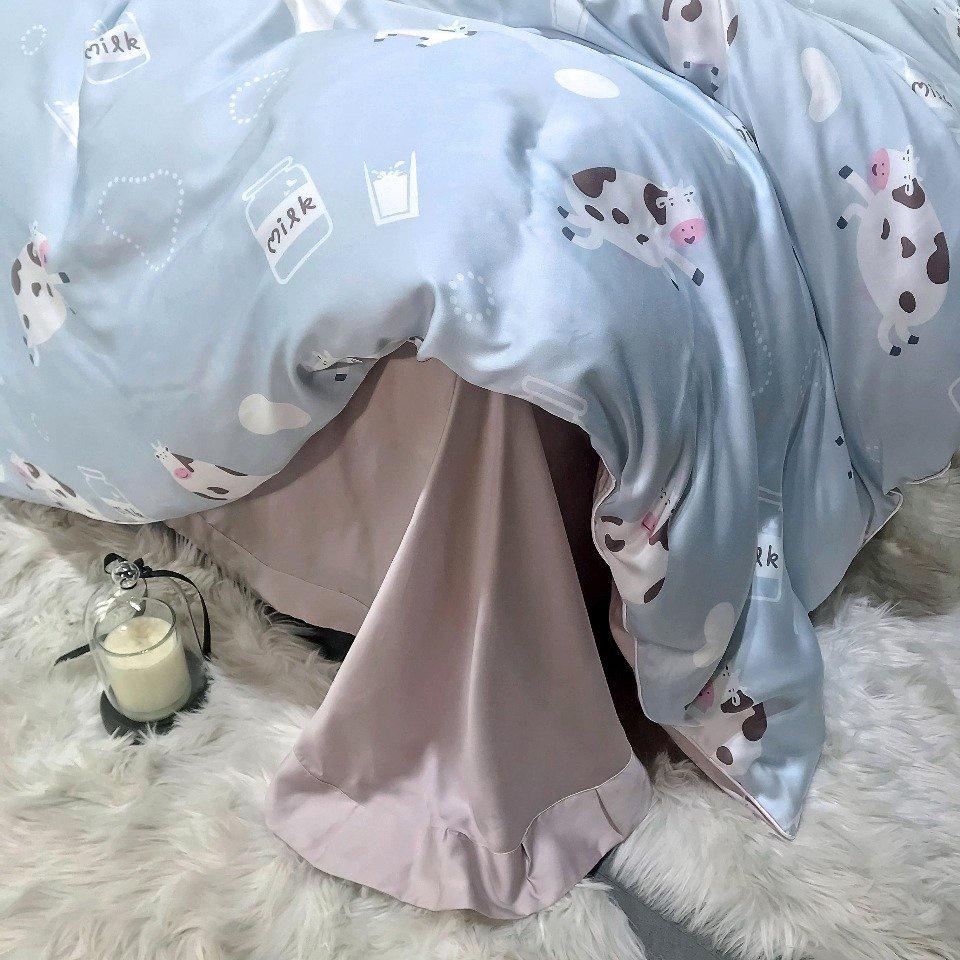 Bộ chăn ga gối mùa hè100% lụa tencel , siêu cao cấp, MỀM MỊN, MÁT DA - họa tiết Bò Sữa dễ thương