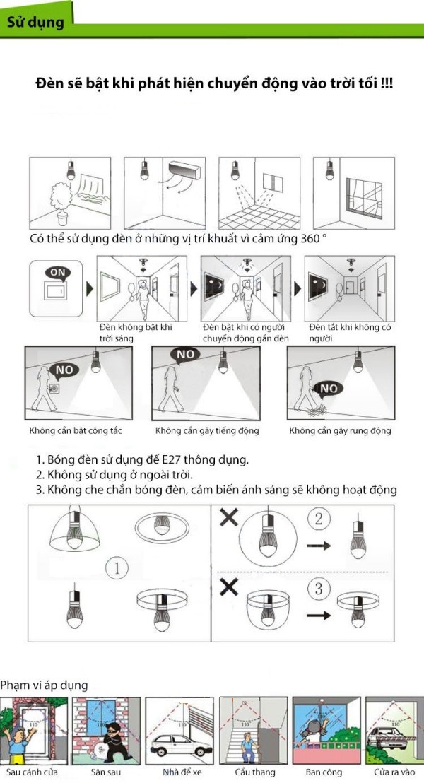 Bóng đèn cảm biến bật tắt thông minh tự động bật khi có chuyển động và thiếu ánh sáng ( 4W,7W,9W - Tặng kèm 02 nút kẹp cao su giữ dây điện cố định ngẫu nhiên )