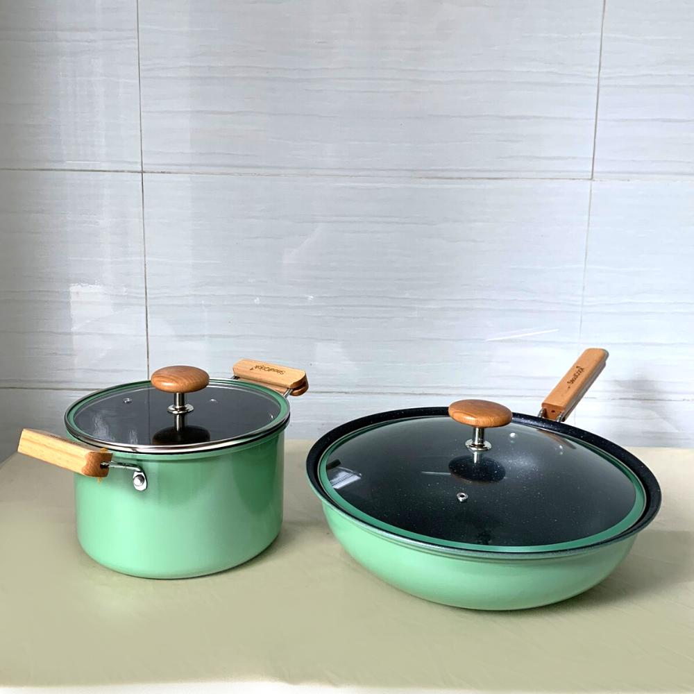 Tặng cặp nhấc nồi silicon cao cấp- Bộ nồi chảo 2 món đáy từ cao cấp Hàn Quốc, nồi 20cm + chảo sâu lòng 32cm, chống dính vân đá an toàn cho sức khỏe, dùng được tất cả các loại bếp/ Induction