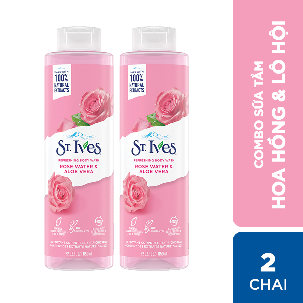 Combo 2 chai Sữa tắm dưỡng da St.Ives Hoa Hồng và Lô Hội 650ml