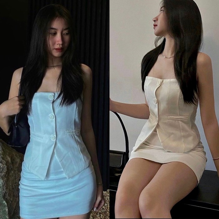 ĐẦM SET ÁO ỐNG CROPTOP ÔM BODY SUÔNG SƠ MI VEST BLAZER + VÁY CHỮ A NGẮN LƯNG CAO TRẮNG ĐI TIỆC DẠO PHỐ ĐI CHƠI ĐI BIỂN