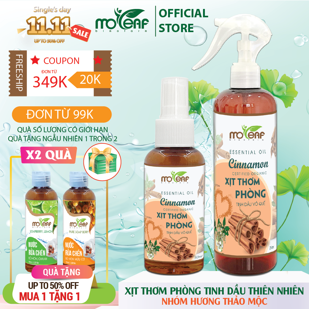 Xịt Thơm Phòng Tinh Dầu QUẾ Moleaf Khử Mùi Thơm Mát Hỗ Trợ Giải Cảm Sát Khuẩn, Đuổi Kiến 250ml – Chai 50ml