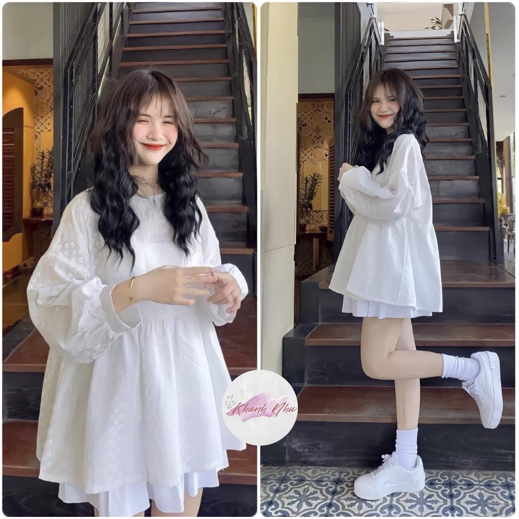 Áo Babydoll Hoa Nhí Nữ dáng xoè dài tay màu trắng tiểu thư Giấu Quần Siêu hót. MET SHOP