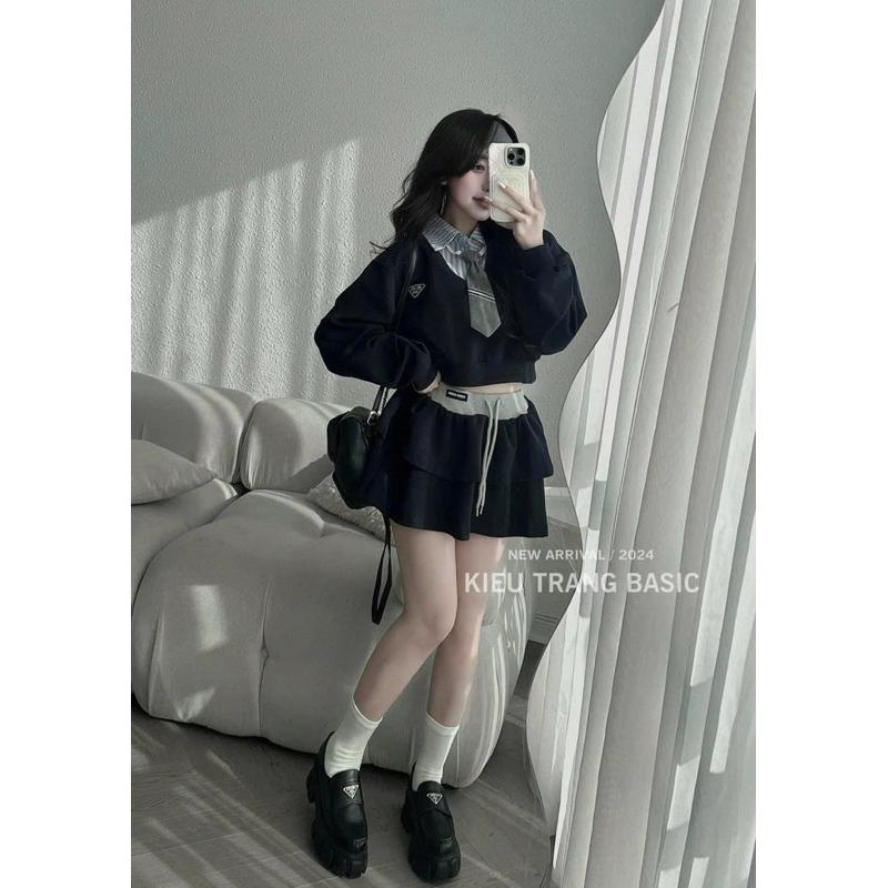 Set nỉ Miu kèm cà vạt siu xinh BY JOLIE - Ghi