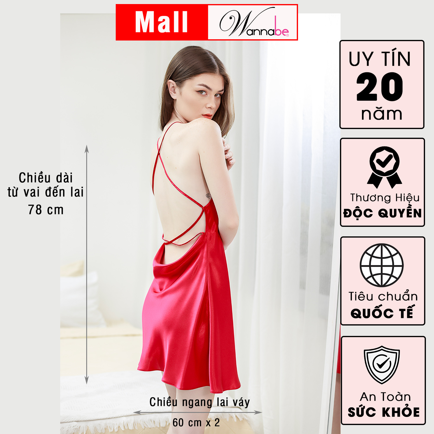 Đầm ngủ phi lụa cao cấp WANNABE DNS32 váy ngủ cổ yếm, hở lưng thắt dây ziczac khoe lưng trần gợi cảm